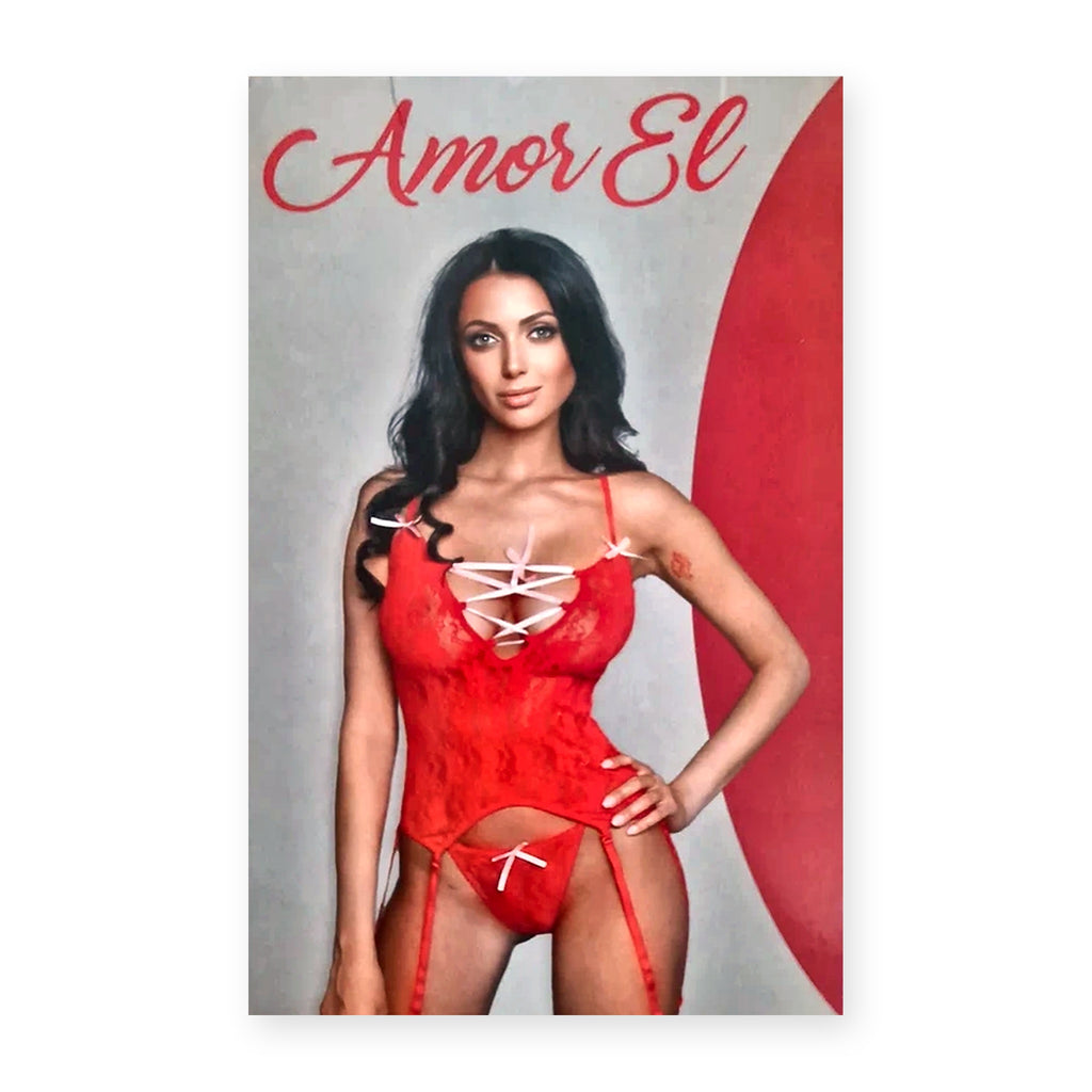 Red Lace Bodysuit with Suspenders & Thong